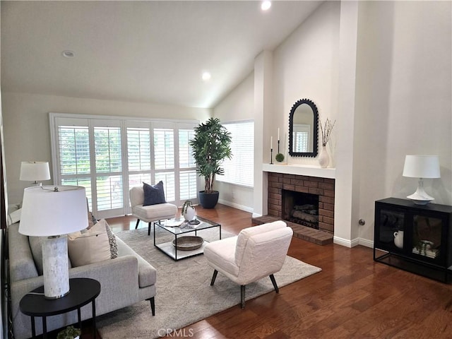 868 Ethelinda Way, Brea, CA 92821 - living room featuring wood finished floors, a brick fireplace, high vaulted ceiling, and recessed lighting