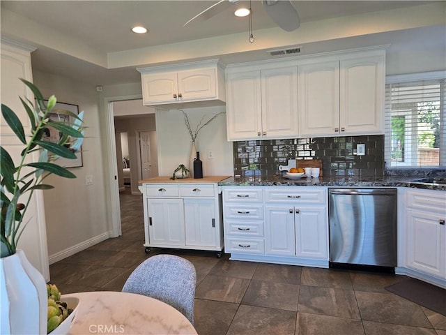 868 Ethelinda Way, Brea, CA 92821 - kitchen with dishwasher, white cabinetry, backsplash, and recessed lighting