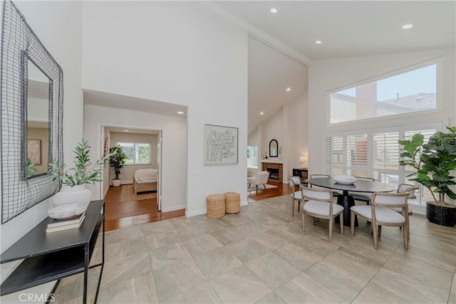 868 Ethelinda Way, Brea, CA 92821 - dining room featuring high vaulted ceiling, a fireplace, and recessed lighting