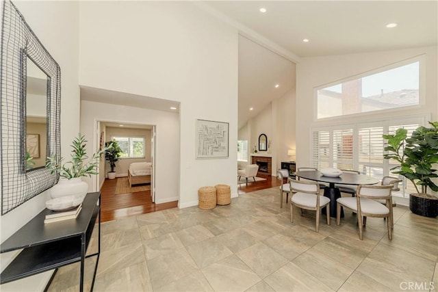 868 Ethelinda Way, Brea, CA 92821 - dining area featuring high vaulted ceiling, a fireplace, and recessed lighting