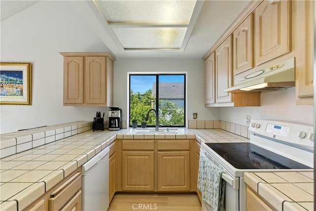 39239 Walnut Ter, Fremont, CA 94536 - kitchen with white appliances, light brown cabinetry, tile counters, and under cabinet range hood