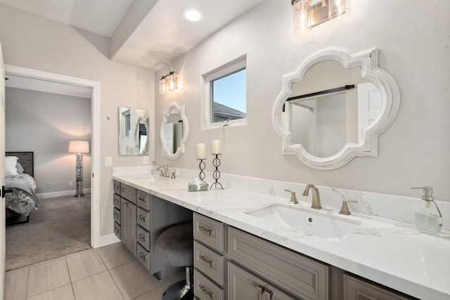 1966 Las Lomas, Vista, CA 92084 - bathroom featuring double vanity, ensuite bathroom, recessed lighting, and tile patterned floors
