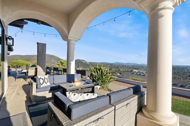 1966 Las Lomas, Vista, CA 92084 - view of patio / terrace featuring an outdoor living space with a fire pit and a mountain view