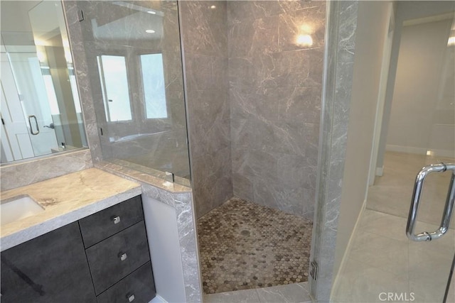 2615 Temple Hills Dr, Laguna Beach, CA 92651 - bathroom with a shower stall, tile patterned flooring, and vanity