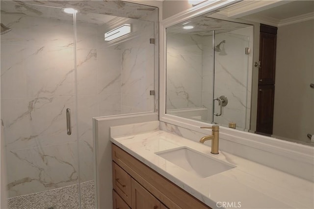 2615 Temple Hills Dr, Laguna Beach, CA 92651 - full bathroom with a marble finish shower, vanity, and ornamental molding