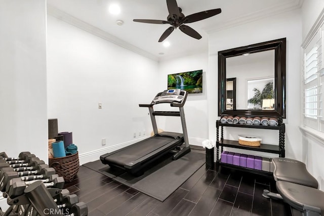 5329 Shirley Ave, Tarzana, CA 91356 - workout area featuring ceiling fan, dark wood finished floors, ornamental molding, and recessed lighting