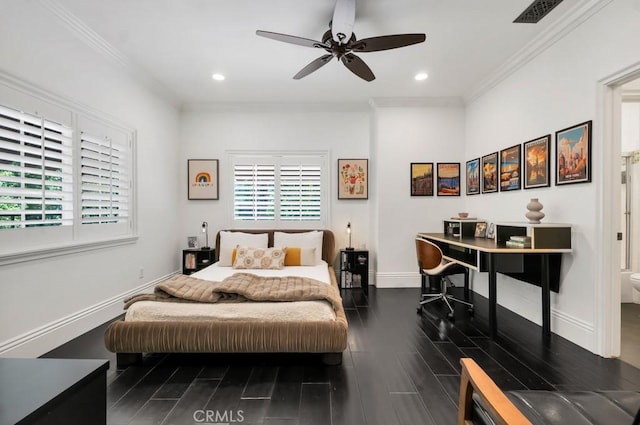 5329 Shirley Ave, Tarzana, CA 91356 - bedroom featuring wood finish floors, ornamental molding, recessed lighting, and a ceiling fan