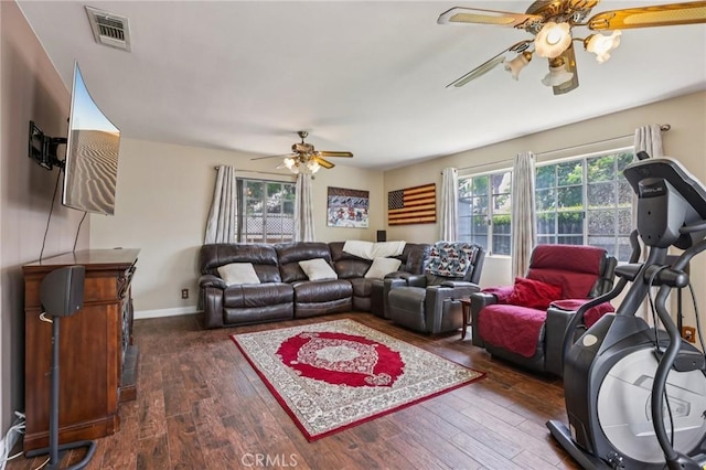 481 S Cedar Dr, Covina, CA 91723 - living room with ceiling fan and dark wood-style flooring