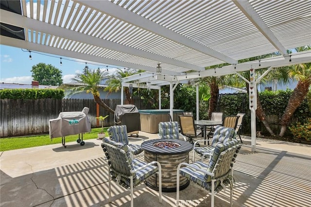 481 S Cedar Dr, Covina, CA 91723 - fenced backyard featuring a hot tub, a fire pit, a patio area, and area for grilling
