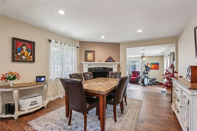 481 S Cedar Dr, Covina, CA 91723 - dining room with a tile fireplace, dark wood-style floors, recessed lighting, and a ceiling fan