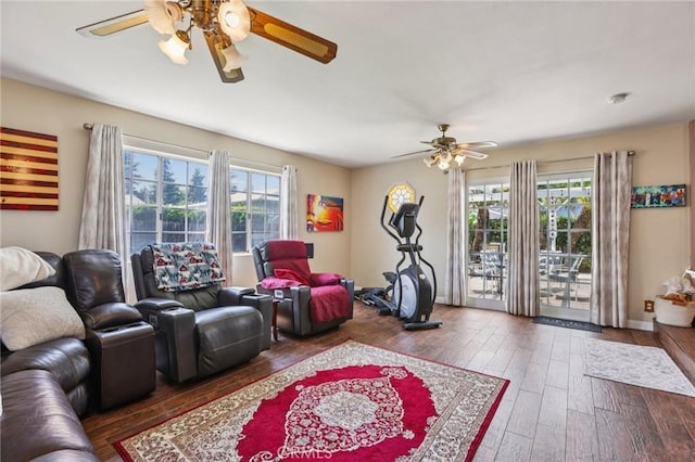 481 S Cedar Dr, Covina, CA 91723 - living room with a ceiling fan, plenty of natural light, and hardwood / wood-style flooring