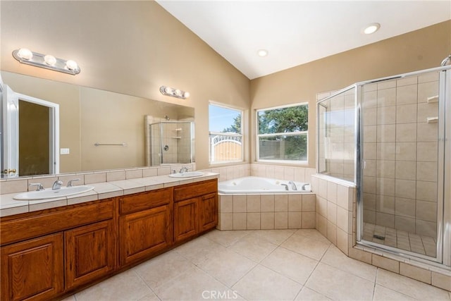 13212 Primavera Rd, Pinon Hills, CA 92372 - full bath featuring lofted ceiling, double vanity, a stall shower, tile patterned floors, and a bath