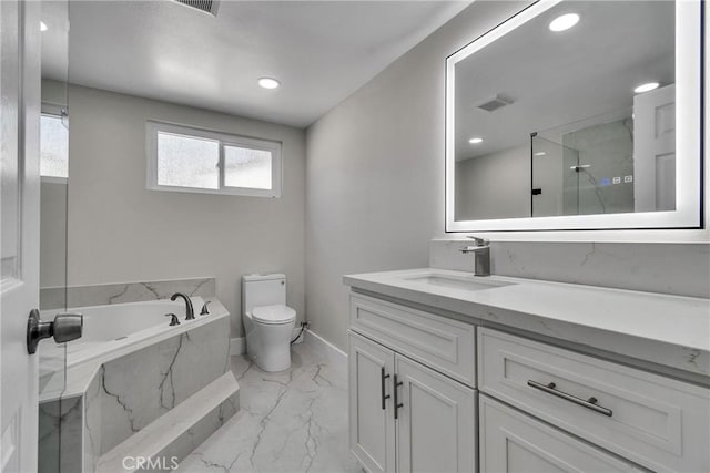 2521 Double Tree Ln, Rowland Heights, CA 91748 - full bathroom with marble look tile flooring, vanity, a bath, a marble finish shower, and recessed lighting