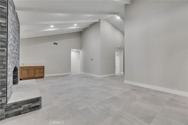 2521 Double Tree Ln, Rowland Heights, CA 91748 - unfurnished living room with beamed ceiling, a fireplace, recessed lighting, and high vaulted ceiling