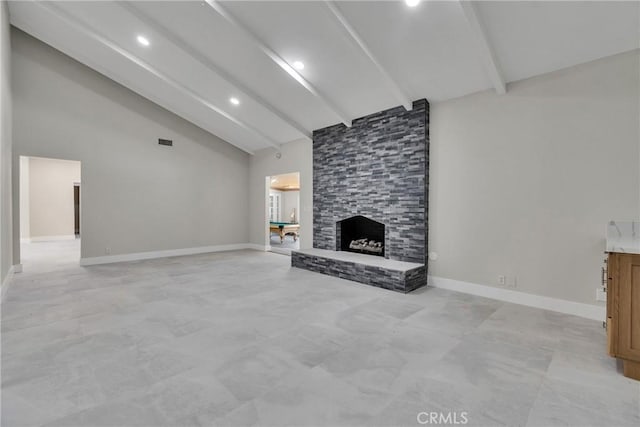 2521 Double Tree Ln, Rowland Heights, CA 91748 - unfurnished living room with beamed ceiling, high vaulted ceiling, a stone fireplace, and recessed lighting