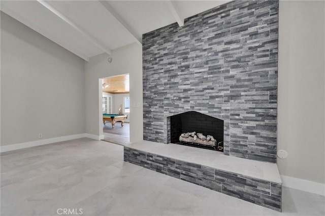 2521 Double Tree Ln, Rowland Heights, CA 91748 - unfurnished living room with beamed ceiling, high vaulted ceiling, a large fireplace, and pool table