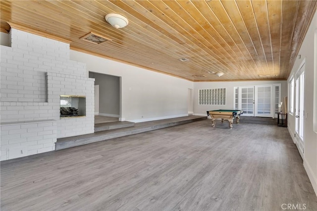 2521 Double Tree Ln, Rowland Heights, CA 91748 - unfurnished living room featuring wood ceiling, billiards table, wood finished floors, french doors, and a fireplace