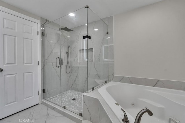 2521 Double Tree Ln, Rowland Heights, CA 91748 - bathroom with marble look tile flooring, a jetted tub, a marble finish shower, and recessed lighting