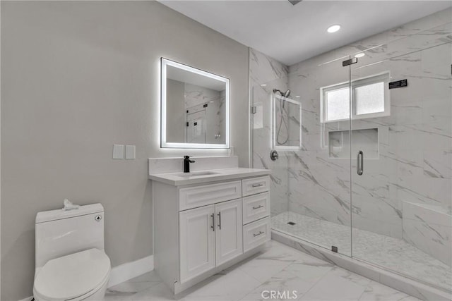 2521 Double Tree Ln, Rowland Heights, CA 91748 - bathroom with a marble finish shower, marble finish floors, vanity, and recessed lighting