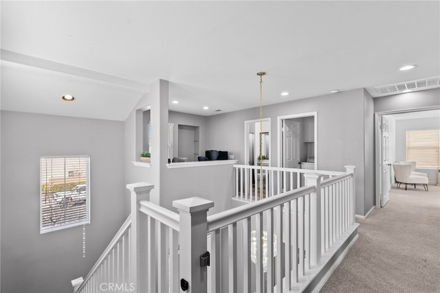 17656 Gladesworth Ln, Canyon Country, CA 91387 - corridor featuring an upstairs landing, carpet floors, recessed lighting, and plenty of natural light