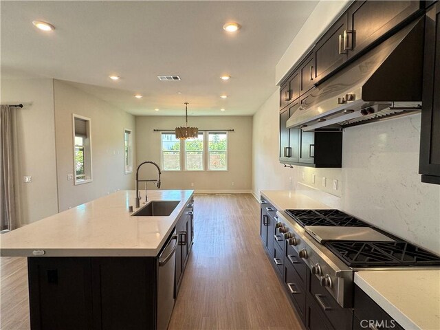 325 Sawbuck, Irvine, CA 92618 - kitchen with under cabinet range hood, light wood-style flooring, appliances with stainless steel finishes, a center island with sink, and recessed lighting