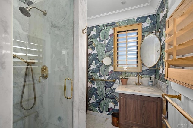 1683 Linwood St, San Diego, CA 92103 - full bath featuring ornamental molding, a stall shower, vanity, and wallpapered walls
