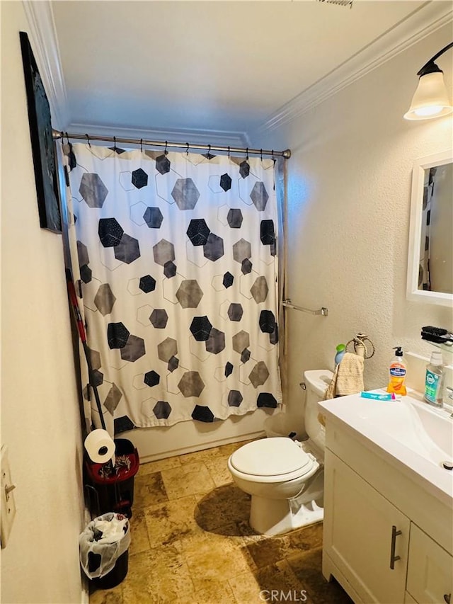 7411 Elsie St, Los Angeles, CA 90001 - bathroom with crown molding, vanity, stone finish floors, and shower / bath combination with curtain