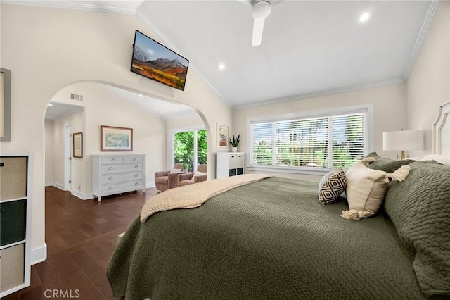 772 N Malden Ave, Fullerton, CA 92832 - bedroom featuring arched walkways, lofted ceiling, crown molding, dark wood-type flooring, and recessed lighting