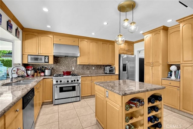 772 N Malden Ave, Fullerton, CA 92832 - kitchen with wall chimney range hood, stainless steel appliances, backsplash, light tile patterned flooring, and light stone counters