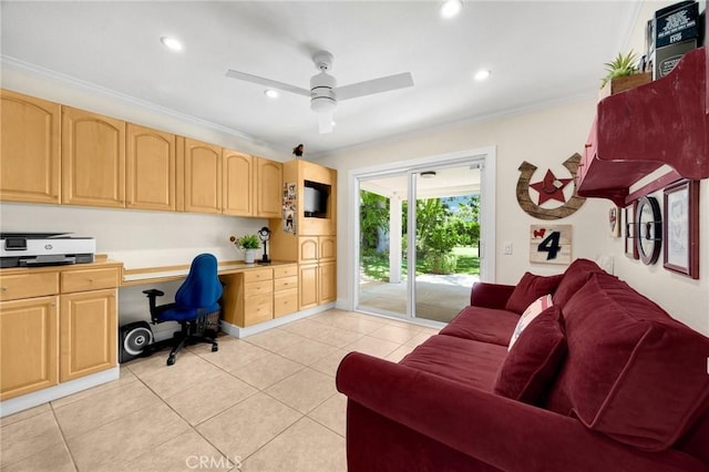 772 N Malden Ave, Fullerton, CA 92832 - home office with ornamental molding, built in study area, light tile patterned floors, a ceiling fan, and recessed lighting