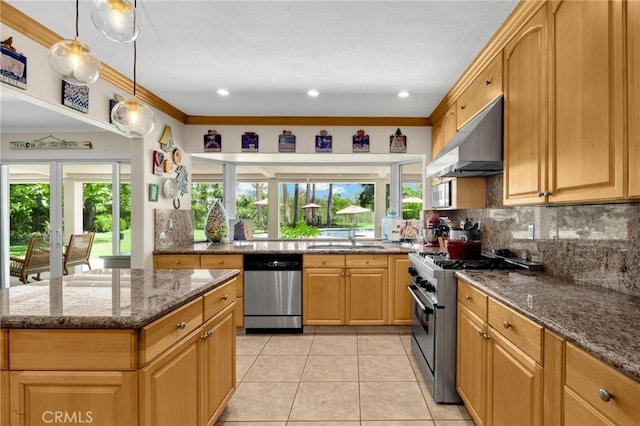 772 N Malden Ave, Fullerton, CA 92832 - kitchen featuring appliances with stainless steel finishes, under cabinet range hood, decorative backsplash, light tile patterned floors, and dark stone countertops