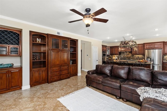 32974 Anasazi Dr, Temecula, CA 92592 - living room featuring ceiling fan, ornamental molding, and recessed lighting
