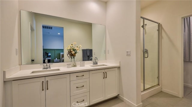 4173 Horvath St Unit 105, Corona, CA 92883 - full bathroom featuring a shower stall, double vanity, and tile patterned floors