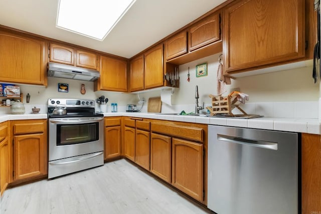 2825 3rd Ave Unit 303, San Diego, CA 92103 - kitchen with stainless steel appliances, under cabinet range hood, light wood-style floors, and brown cabinetry