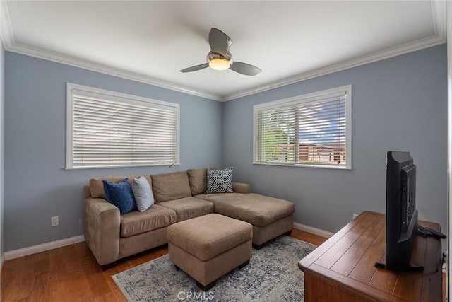1827 Amelia Ave, San Pedro, CA 90731 - living area featuring ornamental molding, ceiling fan, and wood finished floors