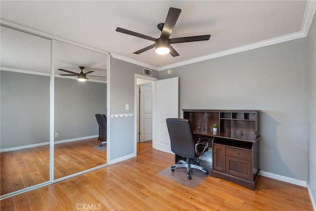 1827 Amelia Ave, San Pedro, CA 90731 - office featuring a ceiling fan, ornamental molding, and light wood-style floors