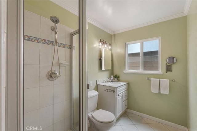 1827 Amelia Ave, San Pedro, CA 90731 - bathroom featuring a shower stall, vanity, ornamental molding, and tile patterned floors
