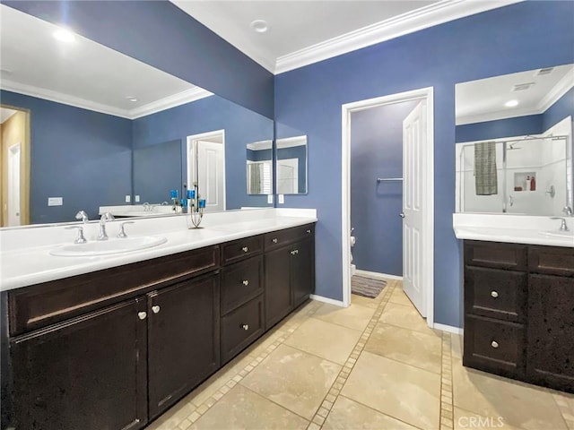 3318 Ridge Park Ct, Long Beach, CA 90804 - full bath with ornamental molding, double vanity, tile patterned flooring, and a shower stall