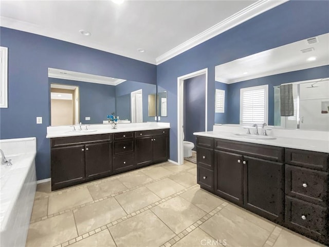 3318 Ridge Park Ct, Long Beach, CA 90804 - bathroom featuring crown molding, vanity, a bath, and tile patterned flooring