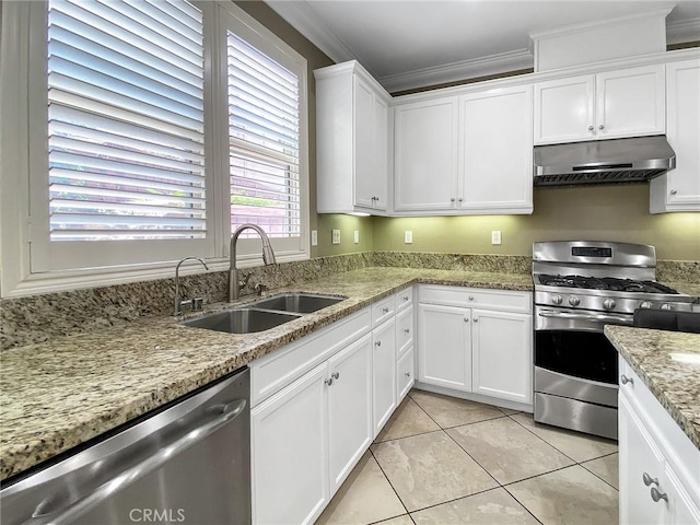 3318 Ridge Park Ct, Long Beach, CA 90804 - kitchen featuring under cabinet range hood, stainless steel appliances, ornamental molding, white cabinetry, and light tile patterned flooring