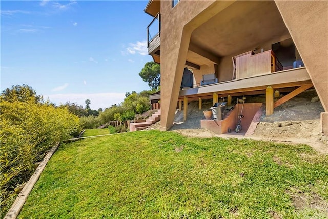 1372 Morningside Dr, Laguna Beach, CA 92651 - back of house featuring a lawn, stairway, a balcony, and stucco siding