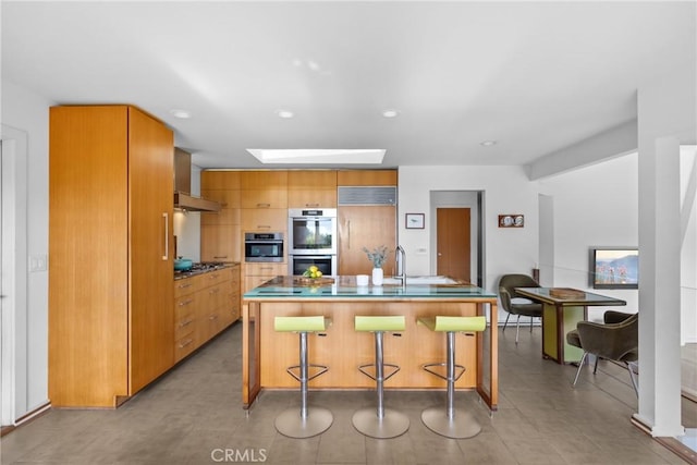 1372 Morningside Dr, Laguna Beach, CA 92651 - kitchen with stainless steel appliances, recessed lighting, modern cabinets, a skylight, and a kitchen breakfast bar
