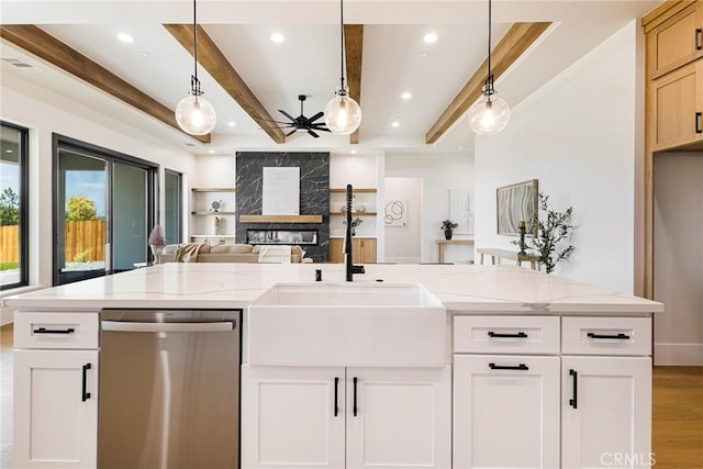 5891 Crestmoor Dr, Paradise, CA 95969 - kitchen with dishwasher, beamed ceiling, open floor plan, light stone countertops, and a high end fireplace