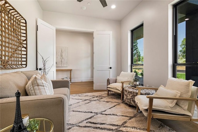 5891 Crestmoor Dr, Paradise, CA 95969 - living area with wood finished floors, ceiling fan, and recessed lighting