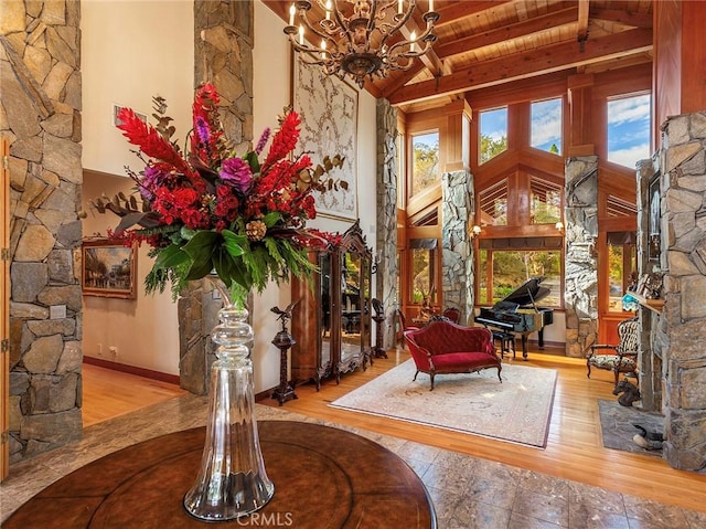 11485 Awenita Ct, Chatsworth, CA 91311 - living area featuring a wooden ceiling with exposed beams, a chandelier, hardwood / wood-style flooring, and high vaulted ceiling