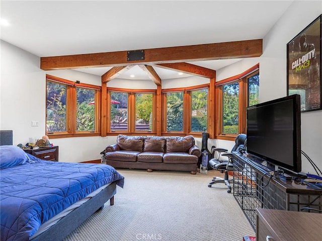 11485 Awenita Ct, Chatsworth, CA 91311 - bedroom featuring beamed ceiling, recessed lighting, and carpet