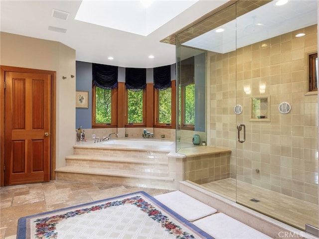 11485 Awenita Ct, Chatsworth, CA 91311 - full bathroom with a garden tub, a shower stall, recessed lighting, and a skylight