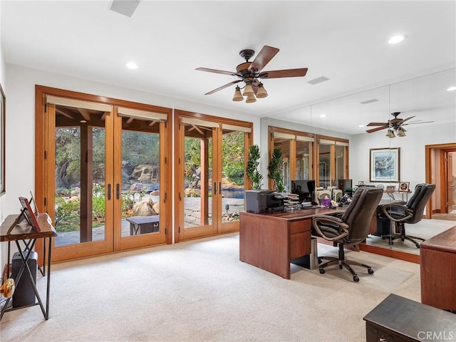 11485 Awenita Ct, Chatsworth, CA 91311 - office area with french doors, light colored carpet, plenty of natural light, and recessed lighting