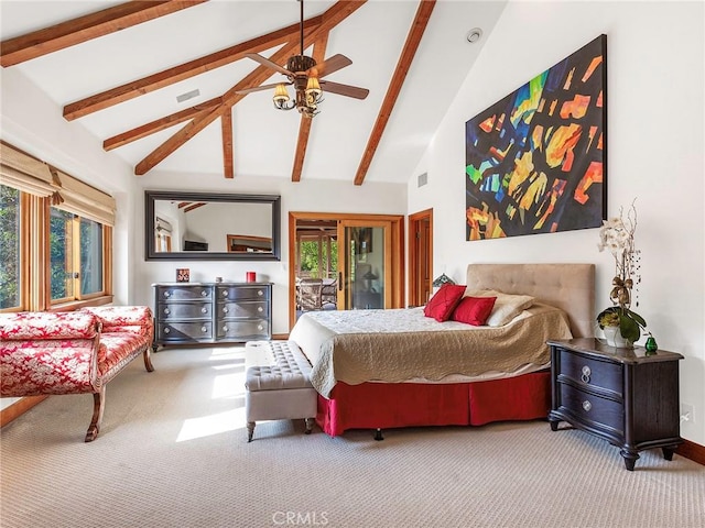 11485 Awenita Ct, Chatsworth, CA 91311 - bedroom with carpet flooring, access to exterior, beam ceiling, ceiling fan, and high vaulted ceiling