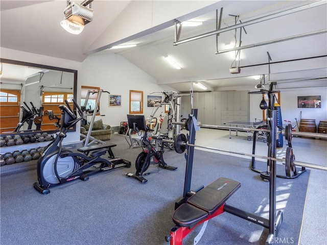 11485 Awenita Ct, Chatsworth, CA 91311 - exercise room featuring a garage and vaulted ceiling